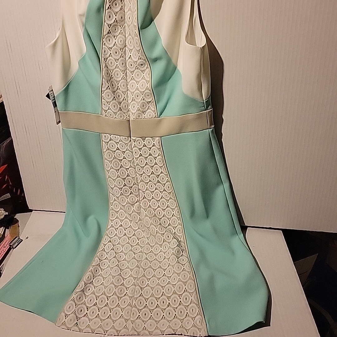 Size 10 Dress Teal, Gray White Sleeveless A Line Lace Accent Studio One New York