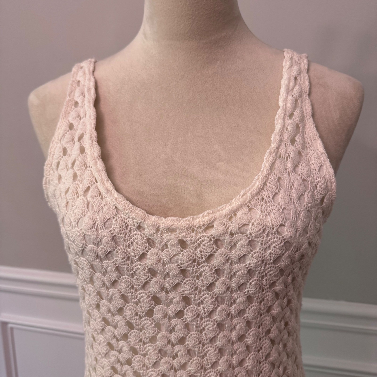 Y2K Cream Crochet Cottagecore Maxi Earthy Boho Sleeveless Scoop Neck L