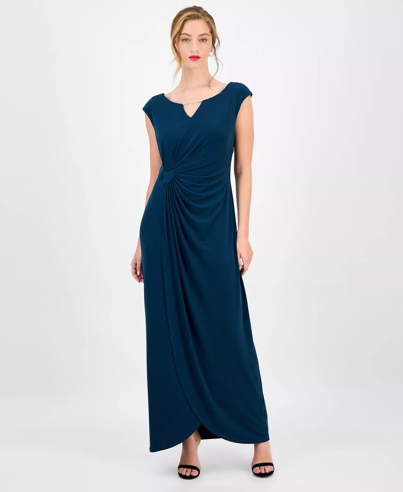 Connected Maxi Dress 16 Ruched Teal Rhinestone Drape Front Formal Cap Sleeve