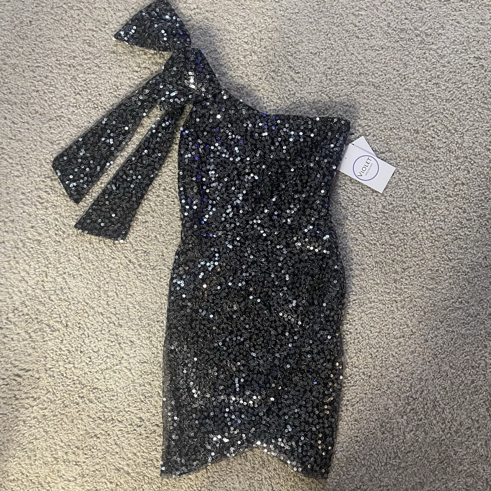 Violet Weekend Black Sequined One-Shoulder Sheath Mini Dress Size 5/6 NWT