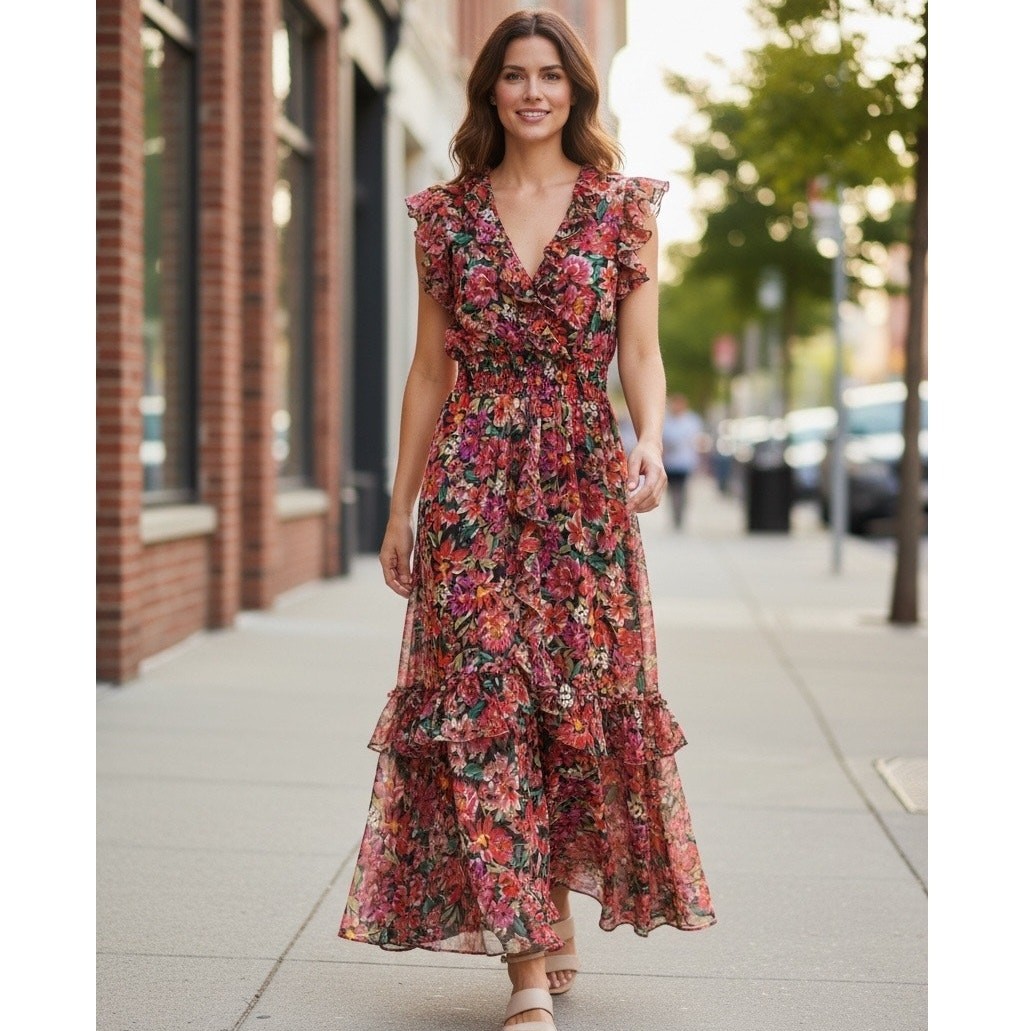 Misa Kidada Flowy Floral Dress Front Slit Ruffles V-Neck Flutter Sleeves Size XS