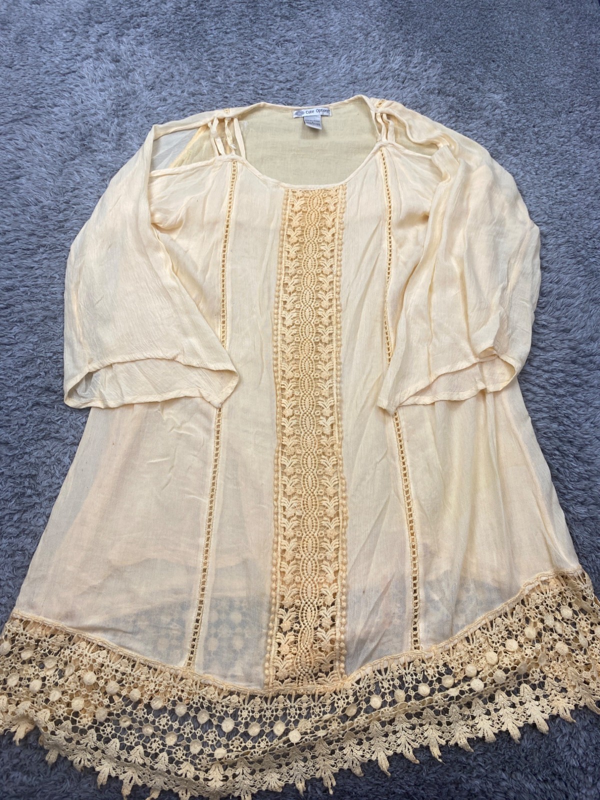 Cute Options Dress Large Yellow Chambray Lace Crochet Lagenlook Peasant Tunic