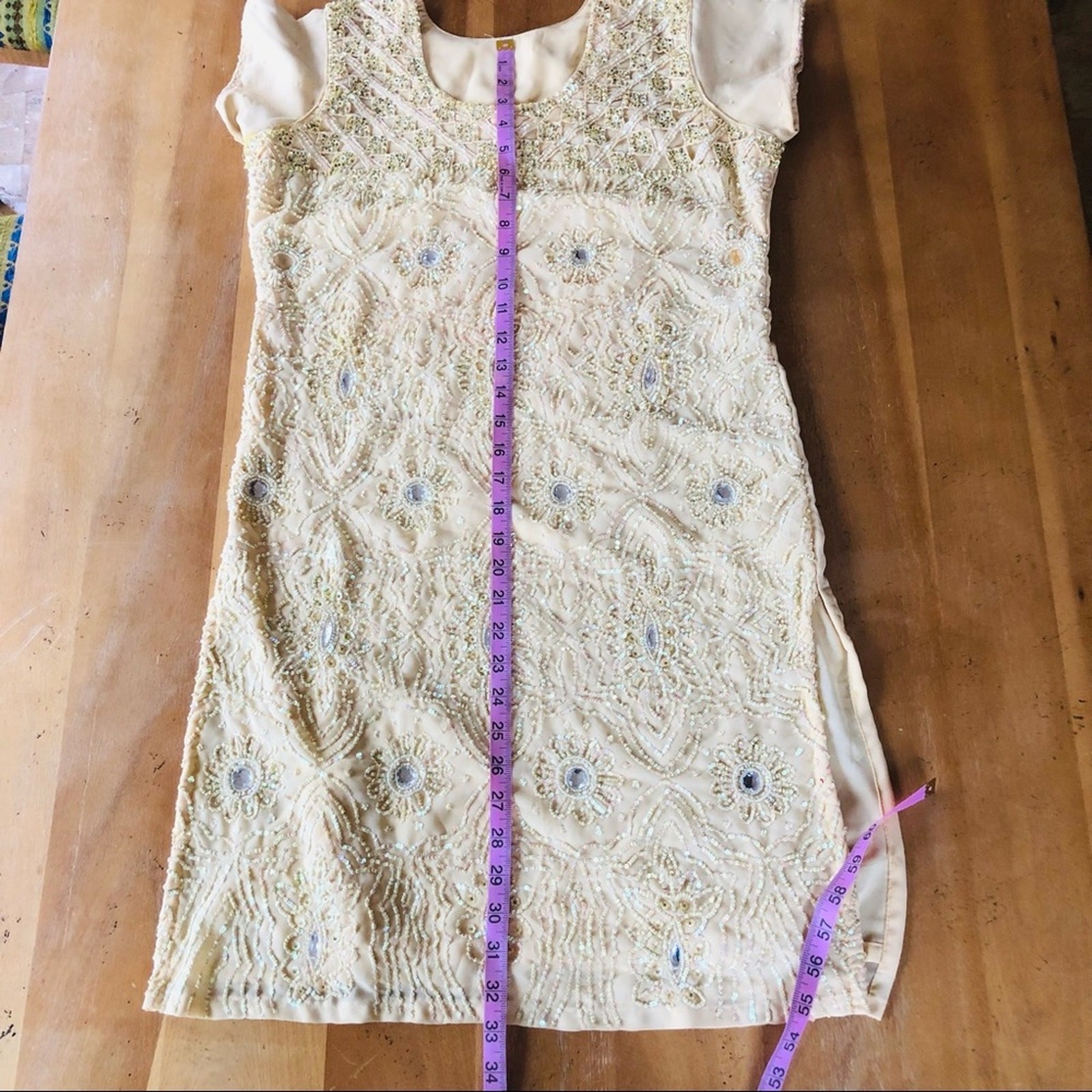 Vintage Yellow ButterCup Sequin Beaded Tunic Top Indian Dress Rhinestones Fancy
