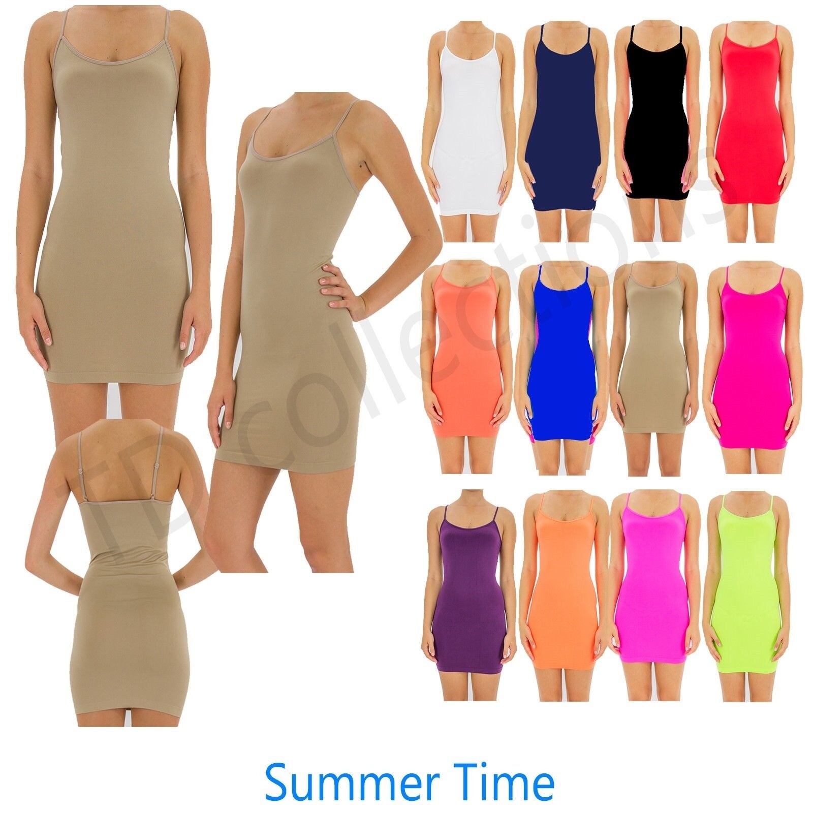 New Camisole Long Tank TOP Plain Spaghetti Adjustable Strap SLIP Mini DRESS TD