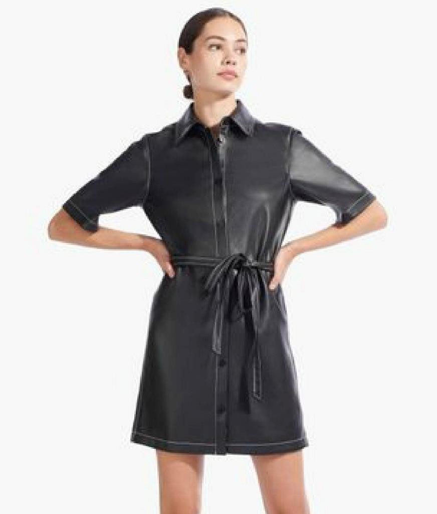 STAUD BLACK VEGAN LEATHER BLAZE BELTED SHIRT DRESS SZ.XS