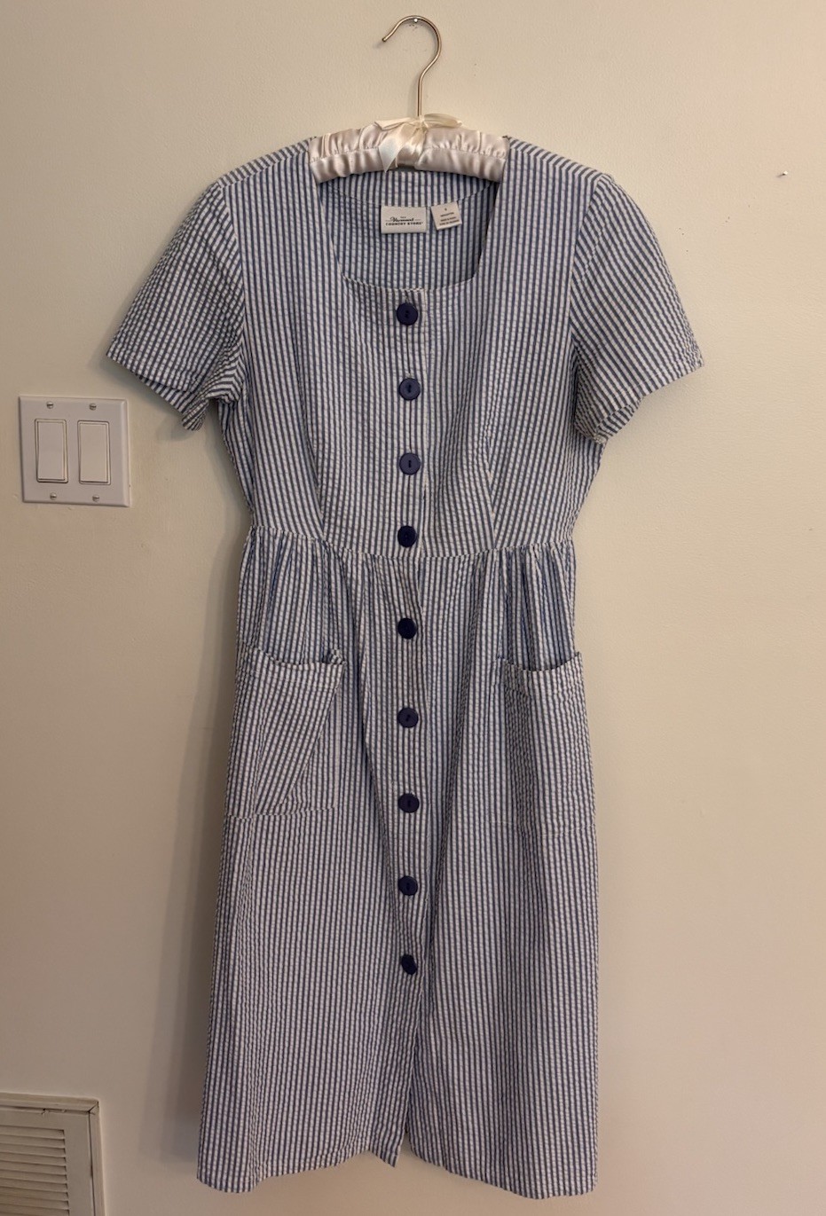 The Vermont Country Store Blue/White Seersucker Stripe Button Front Maxi S