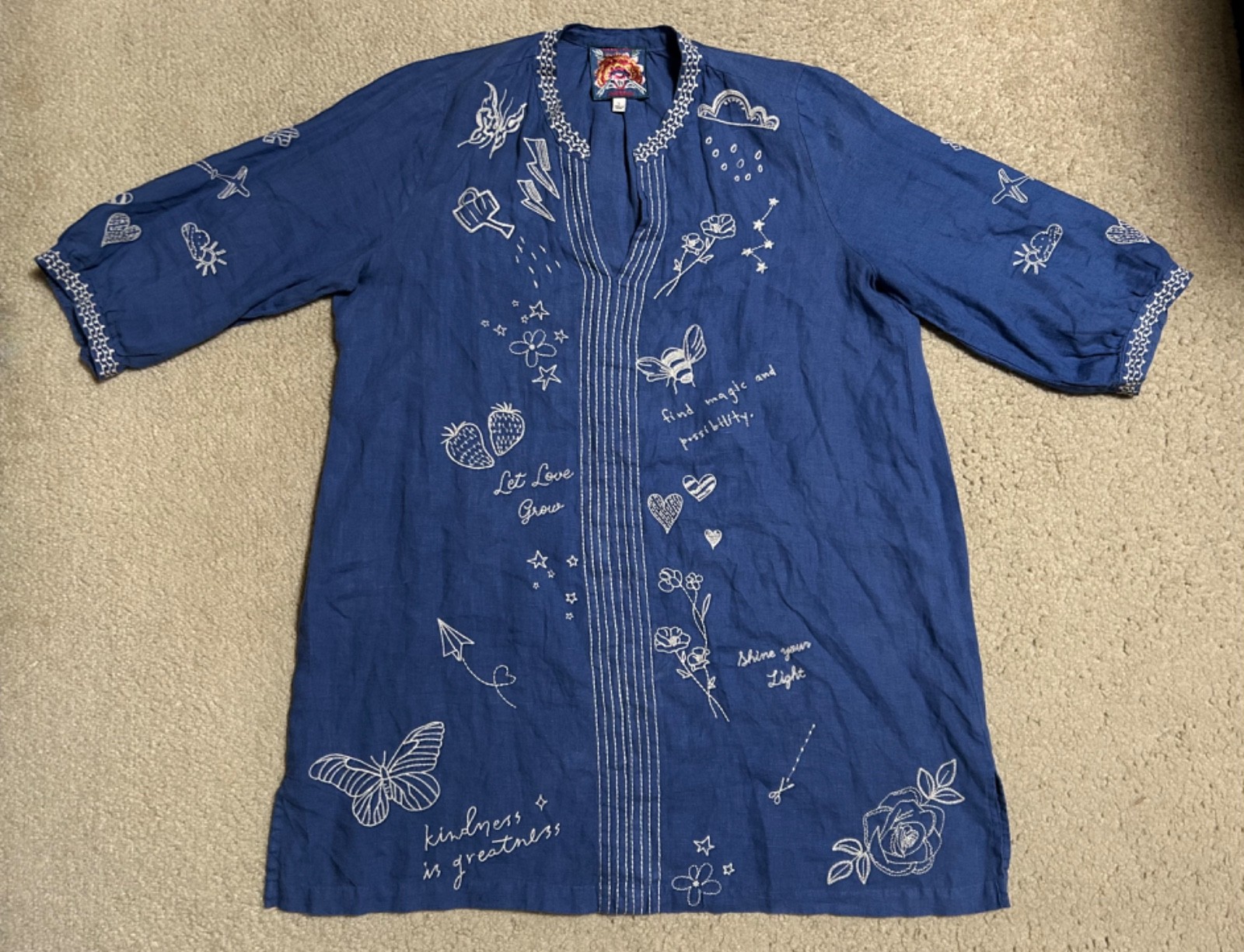 JOHNNY WAS Sovanna Blue Embroidered LINEN Bishop Tunic Dress LARGE popover