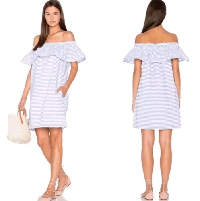 NWT Line & Dot Lea Dress Ruffle Off Shoulder Striped Size Small Nautical Cotton