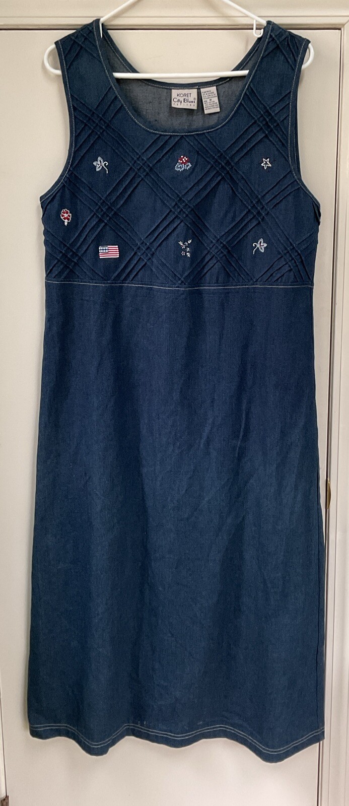 Vintage Koret City Blues Denim Jumper Size M Petite Flags Star USA Maxi Dress