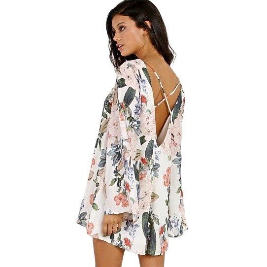Show Me Your Mumu Joni Flow Dress Enchanted Florist Bell Sleeve Strappy Back Lg