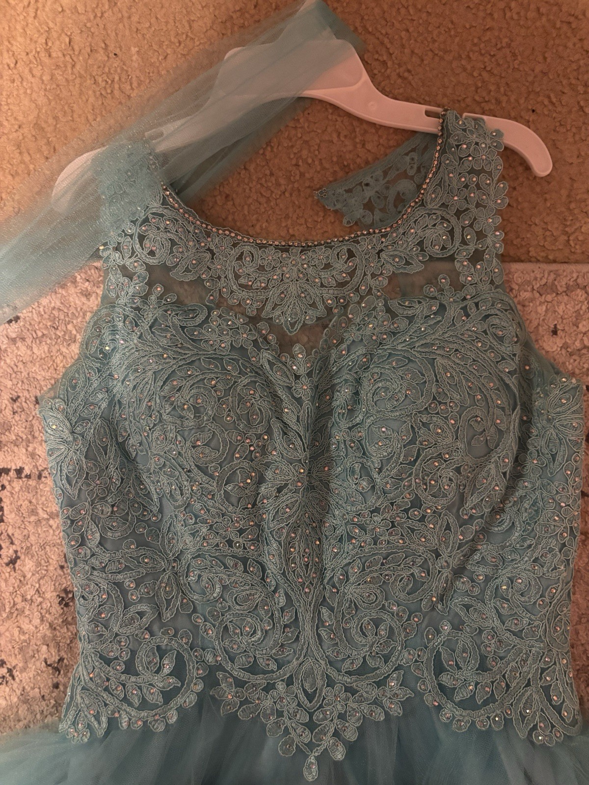 May Queen Teal Beaded Sequin Tulle Quinceañera/Dama Dress Size 8