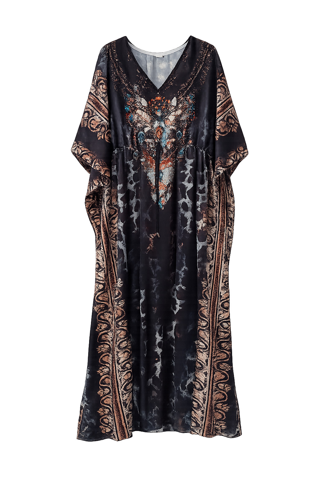 Women’s One Size 100% Viscose Boho Ethnic Print V-Neck Kaftan Maxi Dress