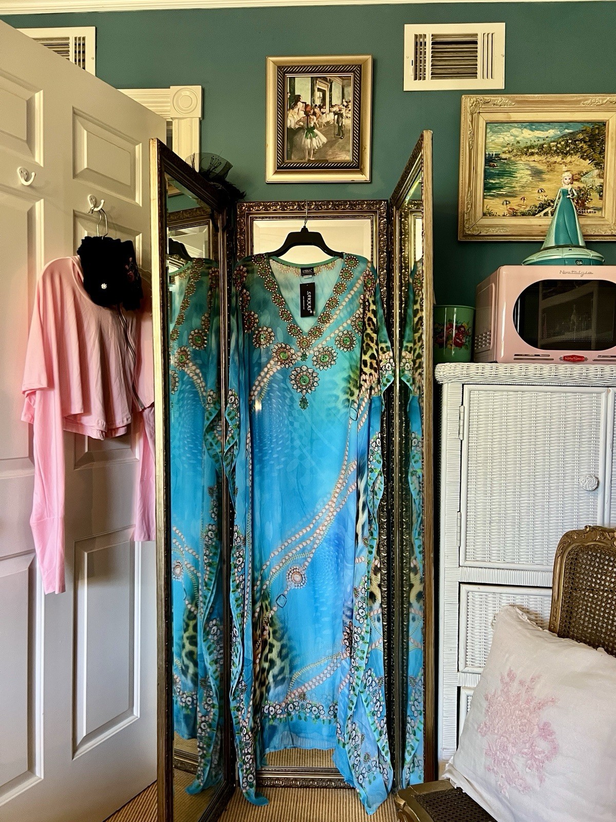 Beautiful Sakkas Turquoise Long Caftan Sparkly Flowy Bejeweled One Sz fits most