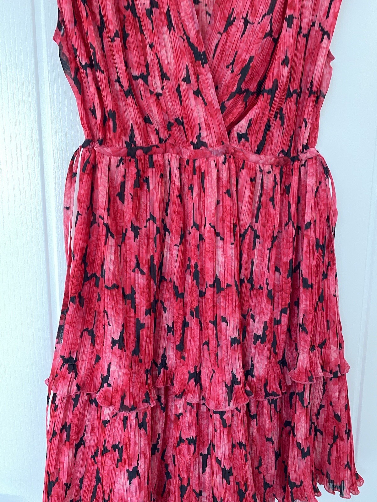 Kenzo Pink Pleated Ruffle Drawstring V Neck Mini Dress 34 S 8 Floral Frill Pleat