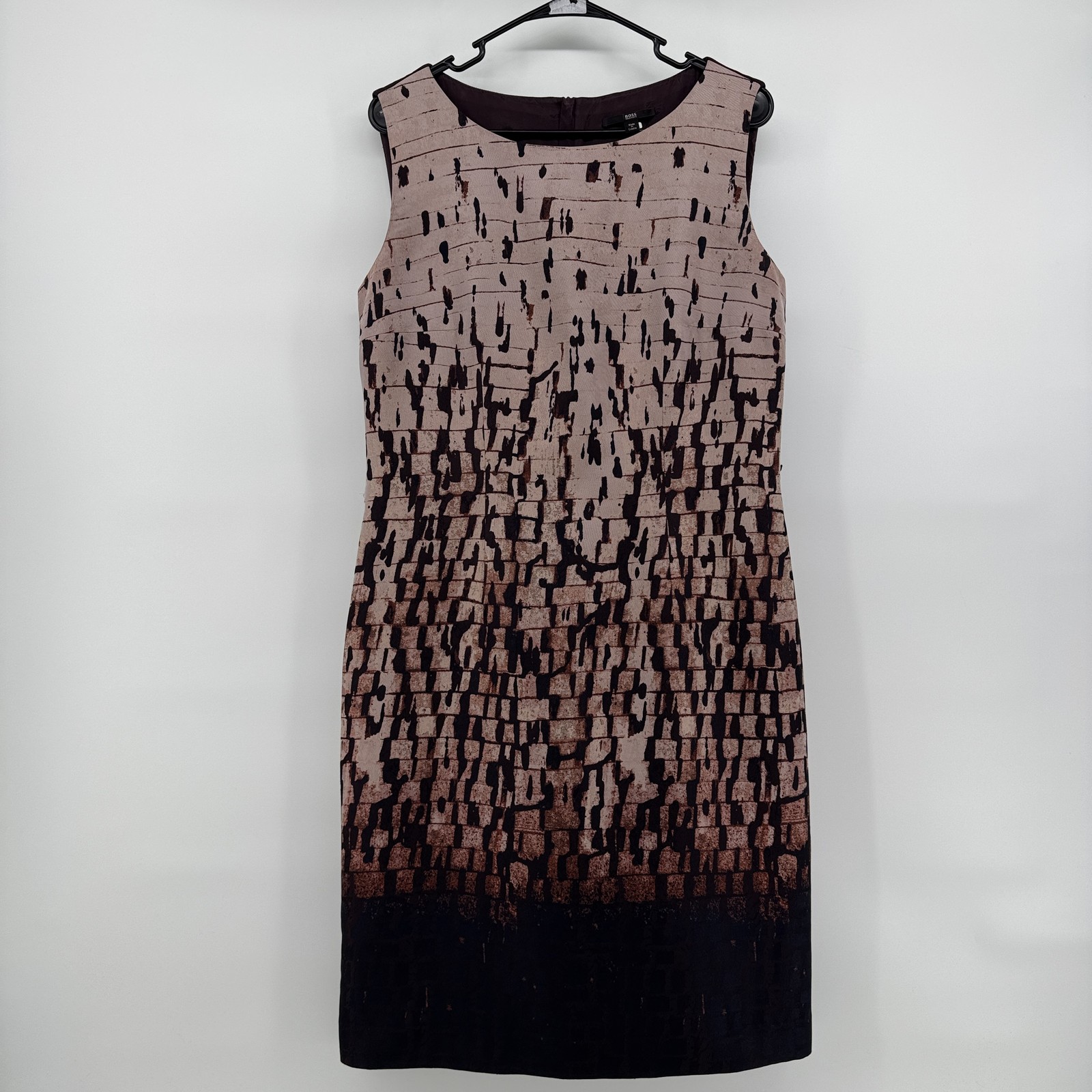 Hugo Boss Dinoma Dress Womens 10 Mauve Taupe with Black Abstract Print Abstract