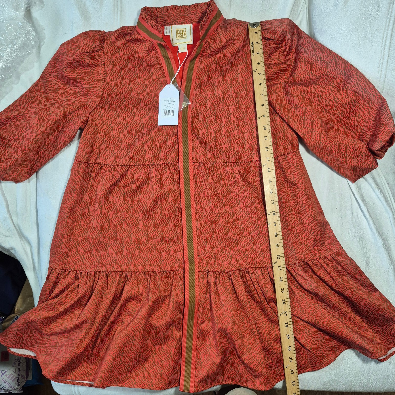 NWT Emily McCarthy Sadie Dress L Red Tonal Monogram Mandarin Tiered Blouson Lg