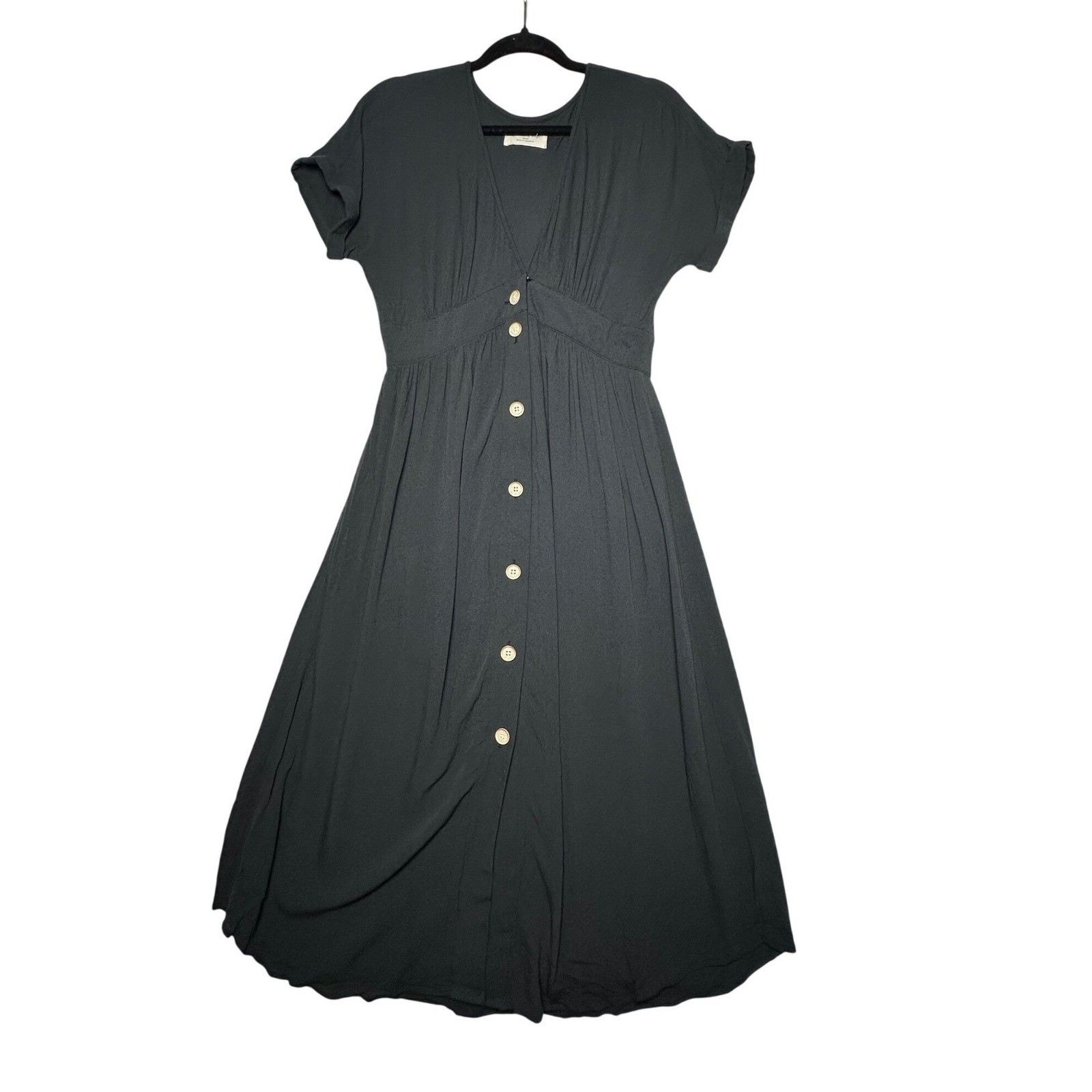 The Normal Brand Black Rayon Button Front Midi Dress Women’s S V-Neck