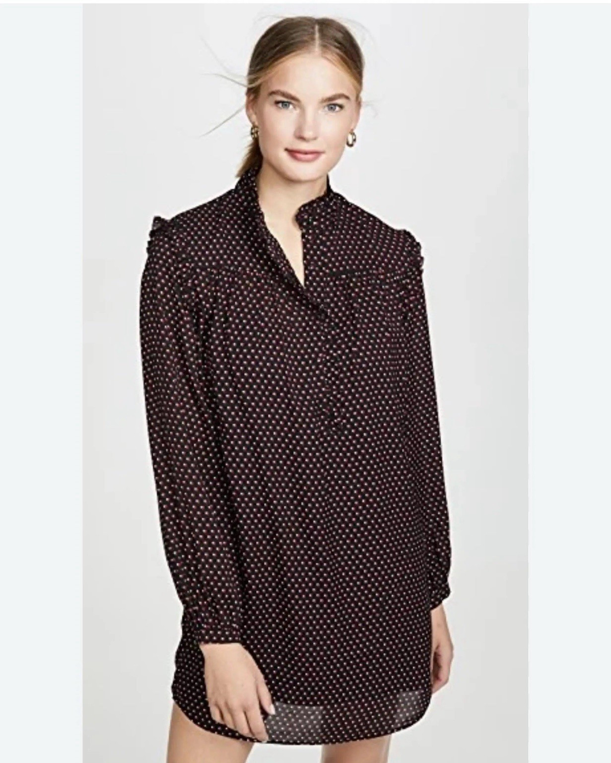 FRAME Black Heart Print High Neck Long Sleeve Button Shirt Dress Ruffle S/P