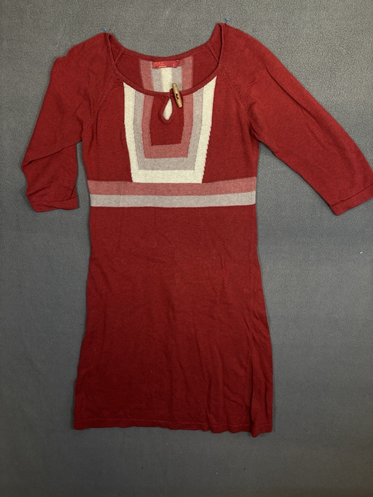 Prana Knit Sweater Dress Size S Red With Grays Half Sleeve Wooden Button