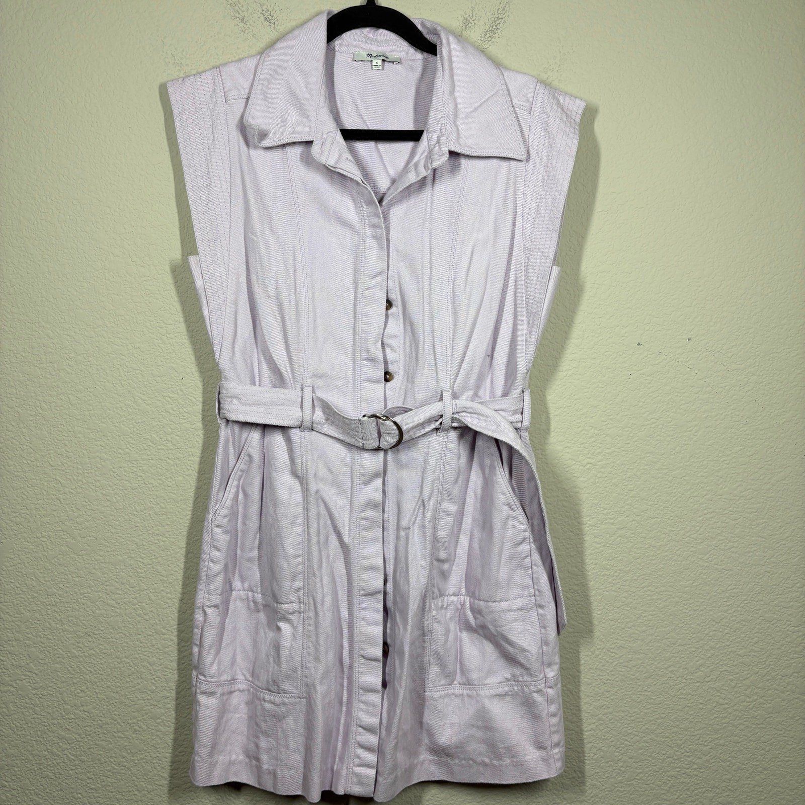 Madewell Size 6 Button Up Denim Shirt Dress Lavendar Purple Mini Belted Buckle