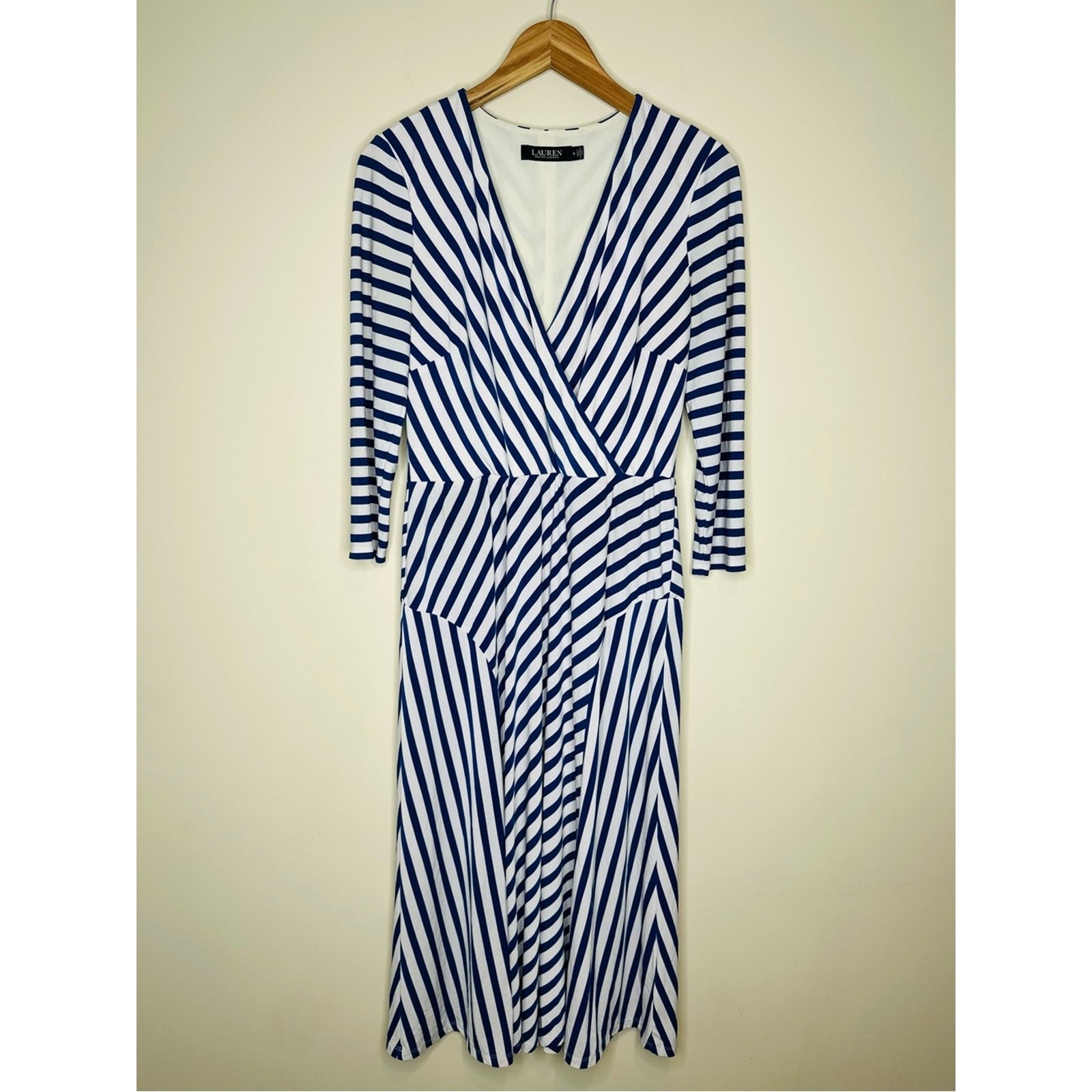 Lauren Ralph Lauren Blue White Striped Surplice Midi Dress Size 6 Coastal Preppy