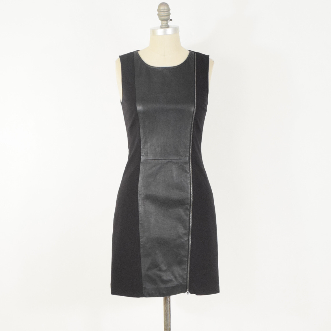 Theory Dress 2 Black Leather Panel Exposed Zipper Sleeveless Mini sheath