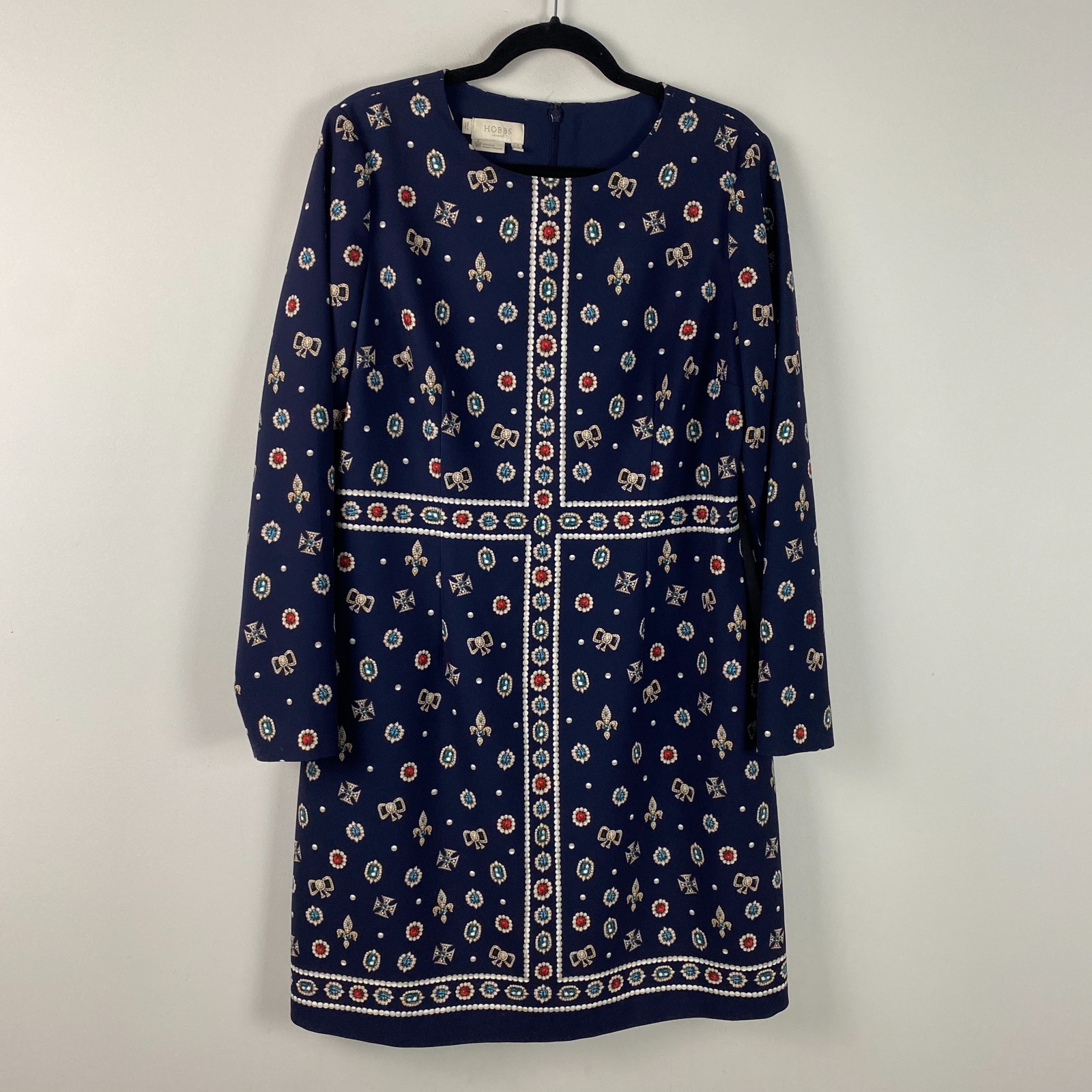 HOBBS London Dress Size US 12 Historic Royal Palaces Navy Blue Long Sleeve