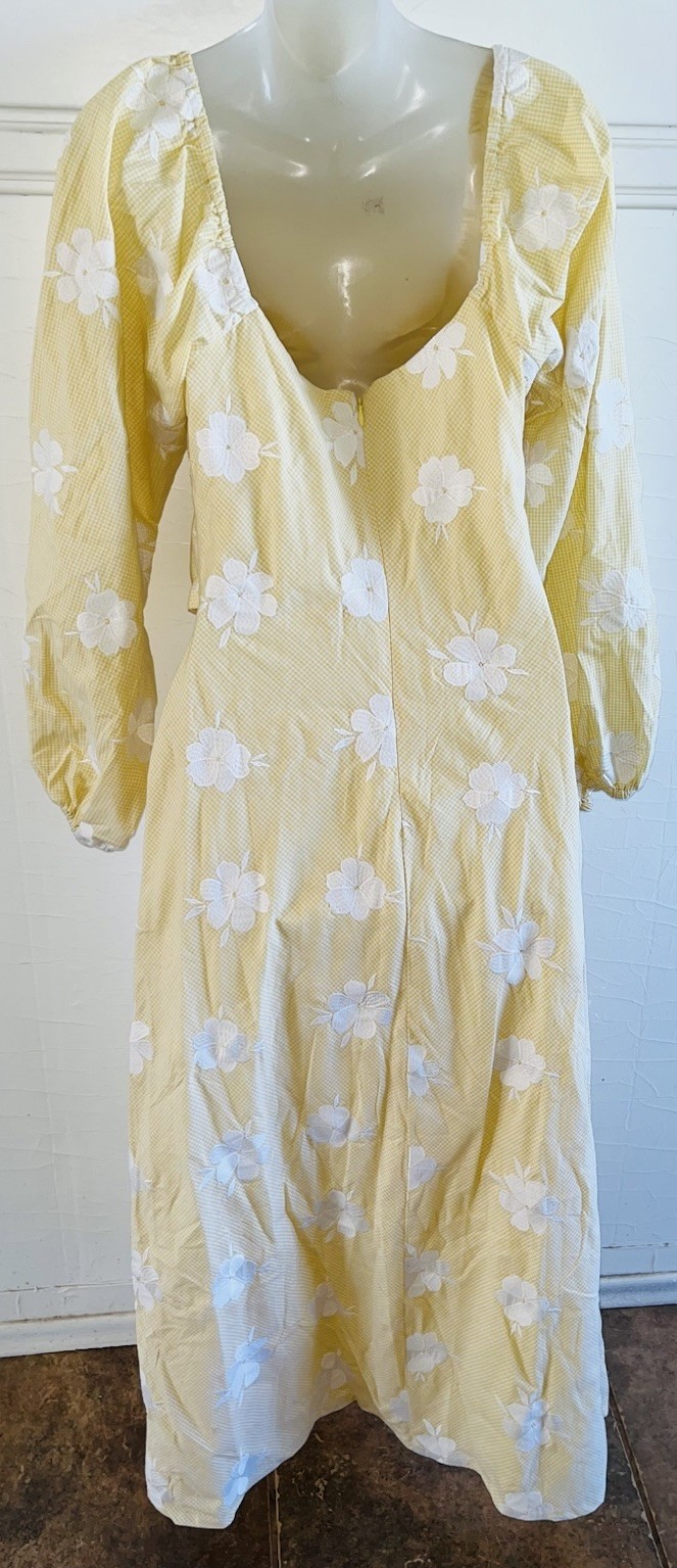 NWT SABO Jean-Maree Yellow Gingham Floral Cut Out Middle Midi Dress-Sz Large NEW