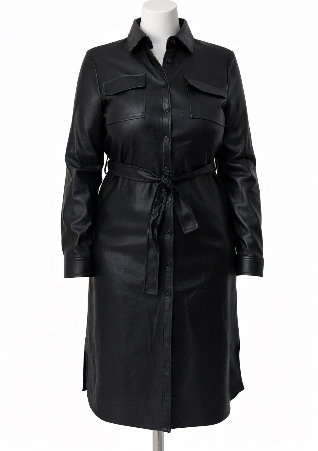 Calvin Klein Black Faux Leather Belted Button-Front Shirt Dress Women’s M Knee