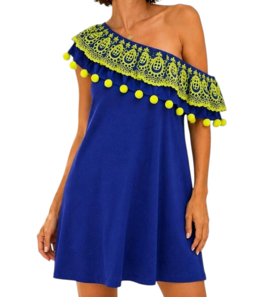 LILLY PULITZER Idara One Shoulder Dress RUFFLE & POM-POMS Blue w/Green-Yellow S