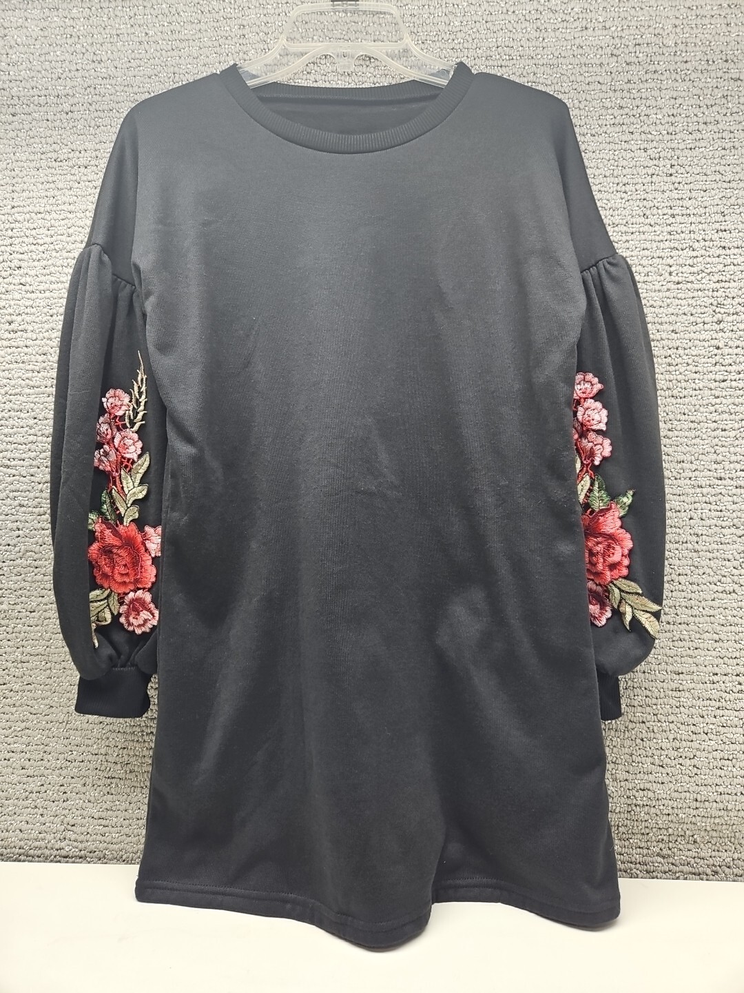 Black Floral Embroidery Long Sleeve Dress Small Crew Neck Loose Sweatshirt Cozy