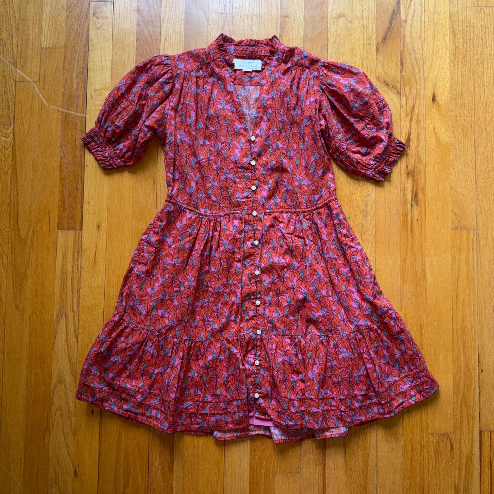 Trovata Birds of Paradis Red Pink Floral Cotton Puff Sleeve Mini Dress S Cottage