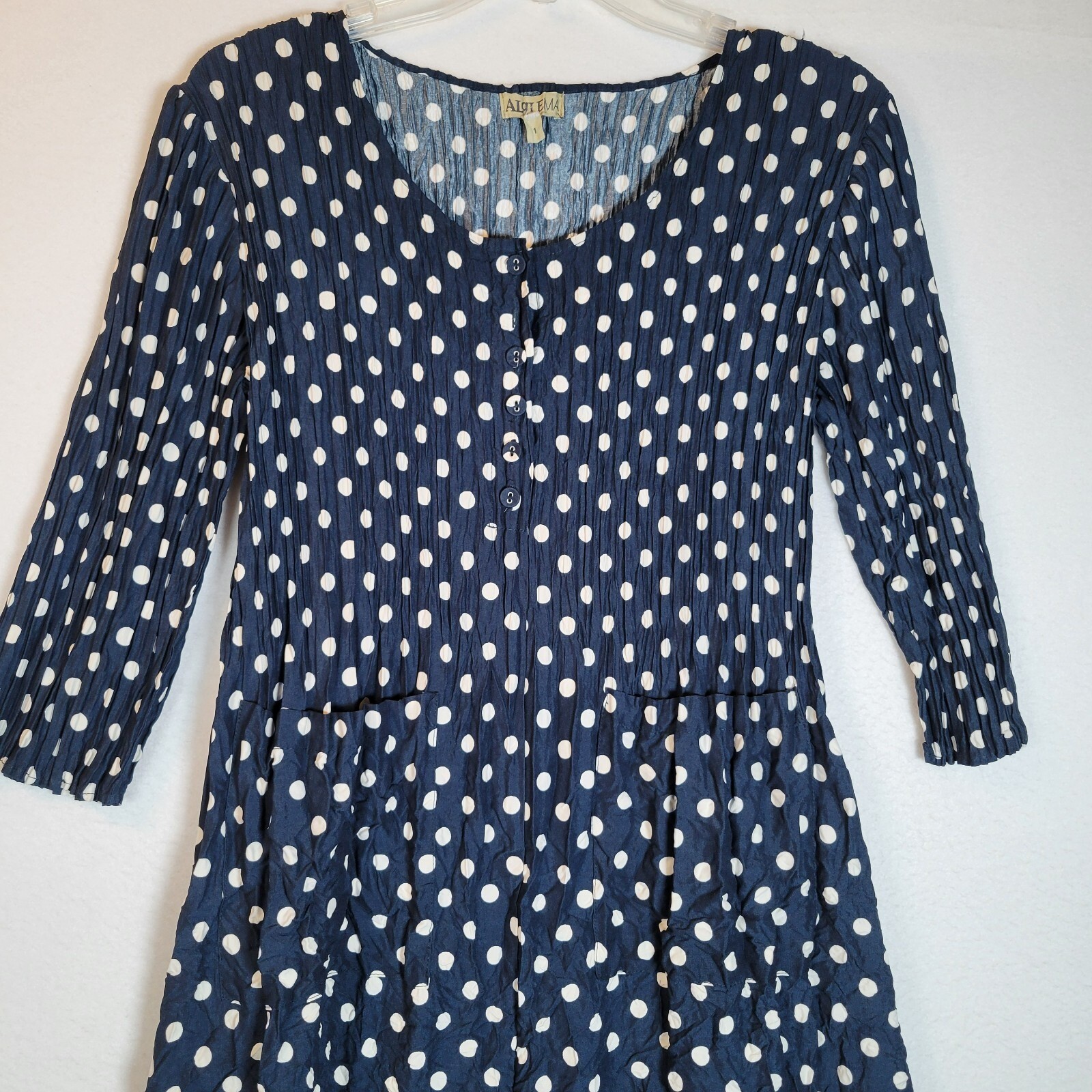 Alquema Womens Smash Pocket Crinkle Midi Dress Size 1 Blue Polka Dot Retro