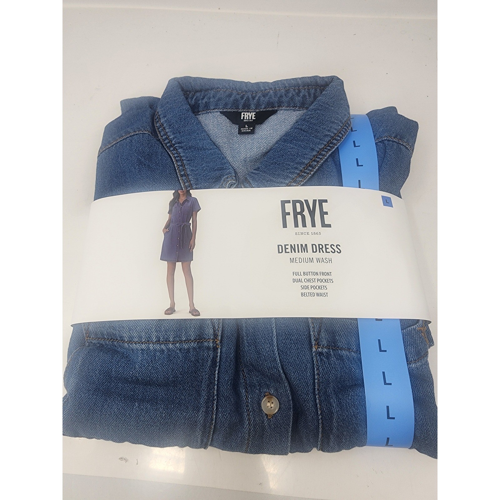 Frye Womens Medium Wash Cotton Denim Button Front Casual Dress Size Large