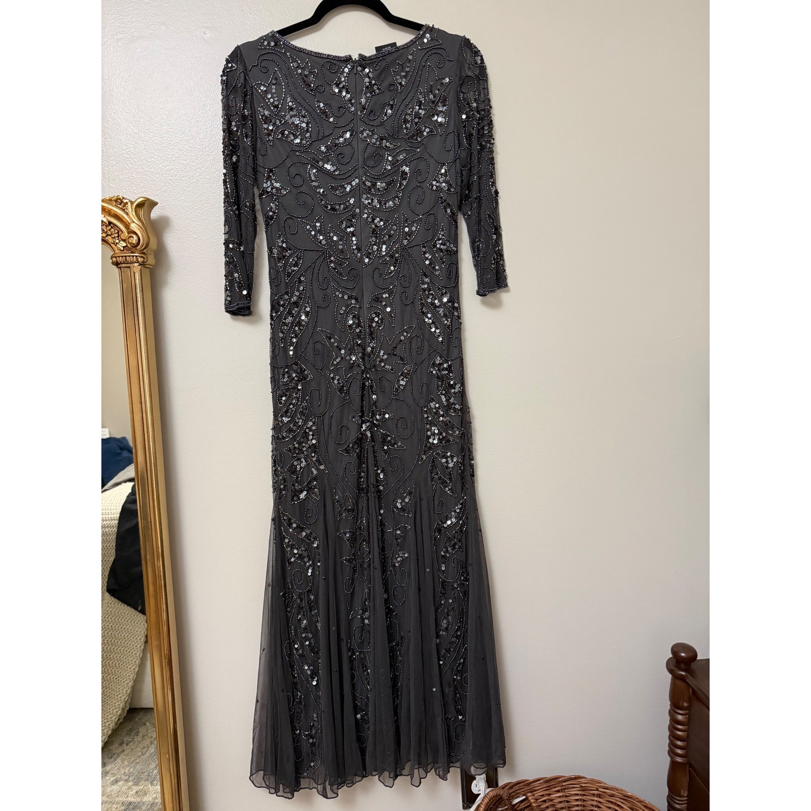 Pisarro Nights Gray Beaded Sequin Gown 3/4 Sleeve Formal Maxi Dress