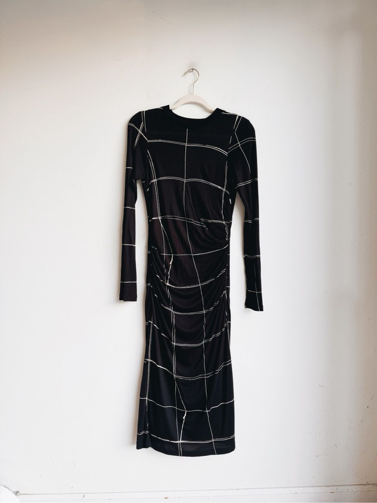 HUGO BOSS Esetta Windowpane Ruched Midi Dress | Black & White Stretch Knit | S