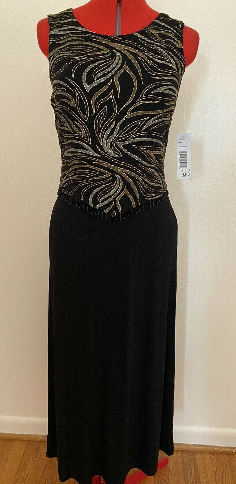 T & COMPANY DRESS~6~BLACK GOLD BROWN BLUE~LONG~FRINGE BEADING AT WAIST