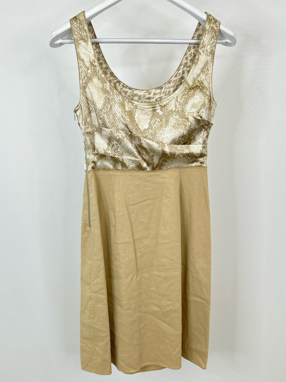 Elie Tahari Silk Sheath Snake Size S Linen Skirt Classic Pleat Beige Women Dress
