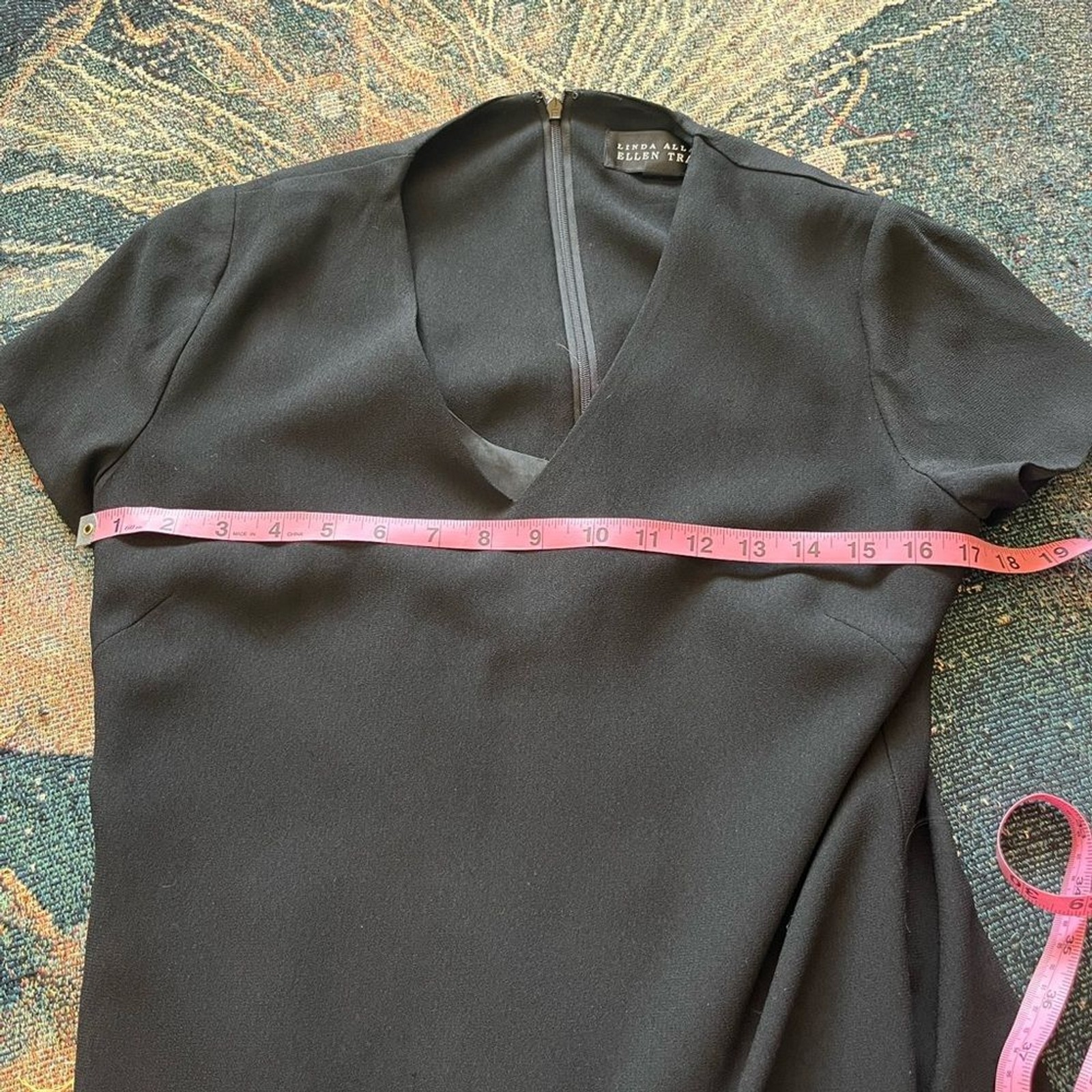 Linda Allard Ellen Tracy Black V-Neck Midi Dress Zip Back Elegant Flowy M Casual