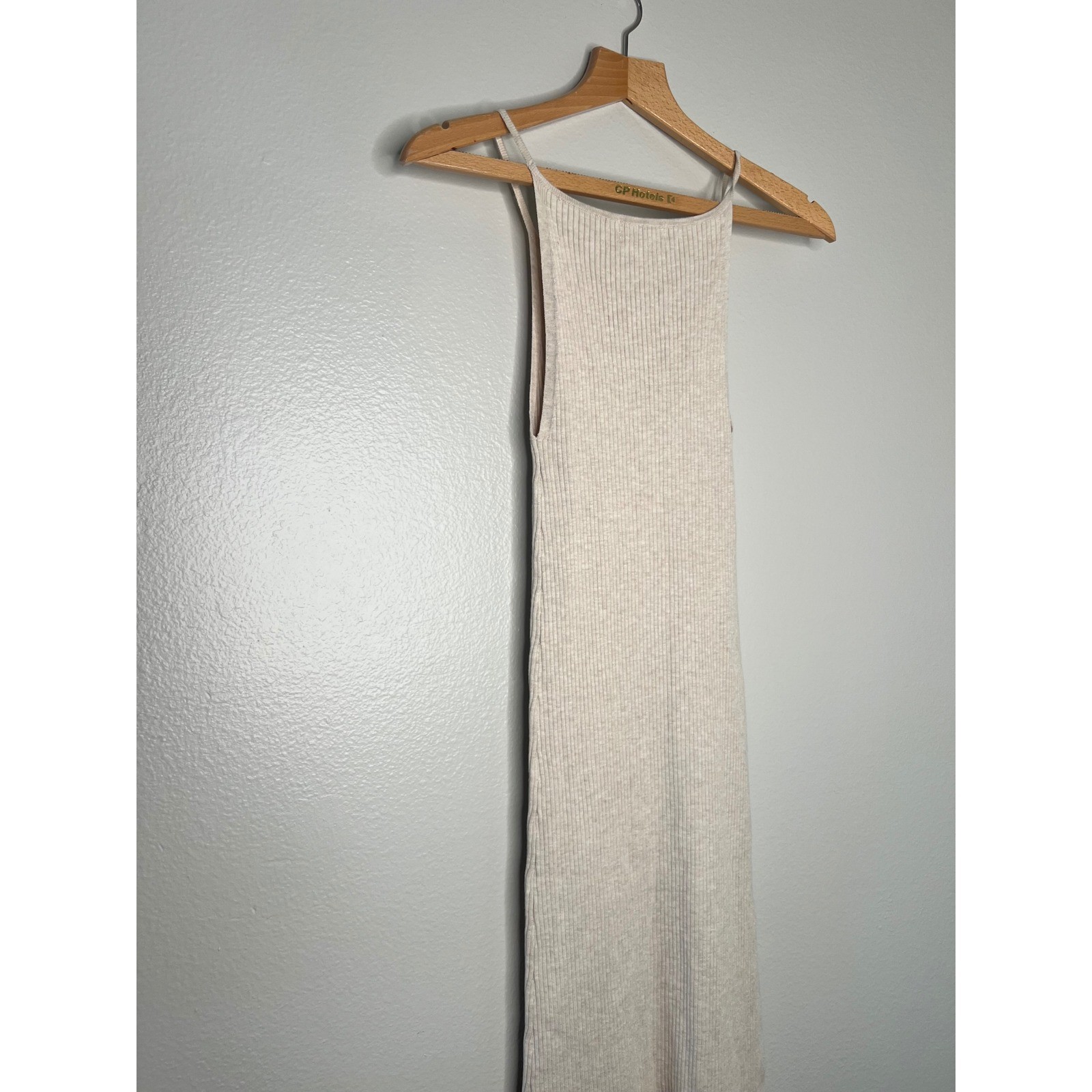 MOD REF Ribbed Knit Tank Maxi Dress Beige Spaghetti Strap Side Slit Size S