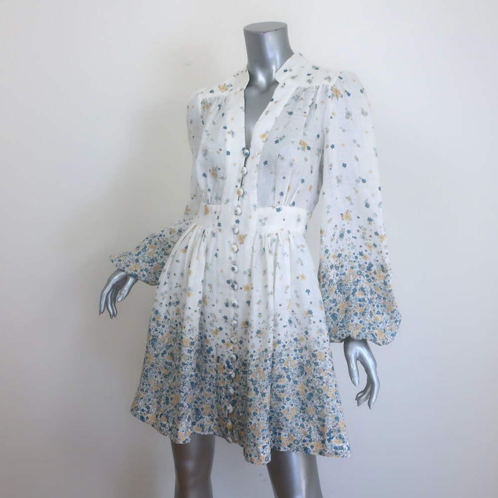 Zimmermann Carnaby Puff Sleeve Mini Dress White Ditsy Floral Print Linen Size 1