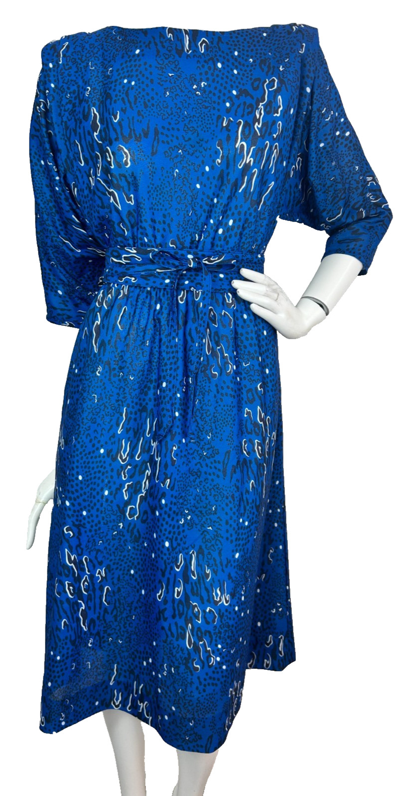 80s California Looks Dress Size Large Midi Blue Pop Art Print Dolman Sleeve Belt
