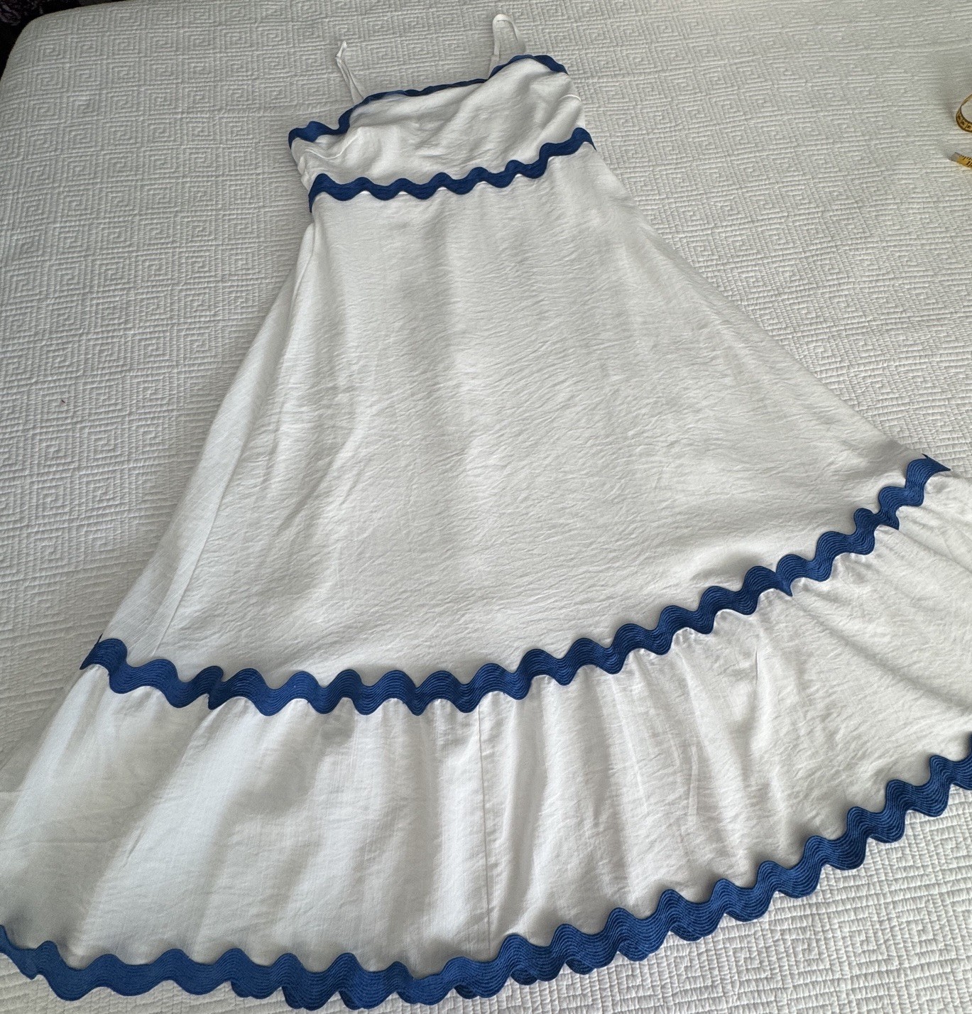 Fashion Maxi Sundress (S) Blue Zigzag Trim White Stretch Adjusting Straps Lined
