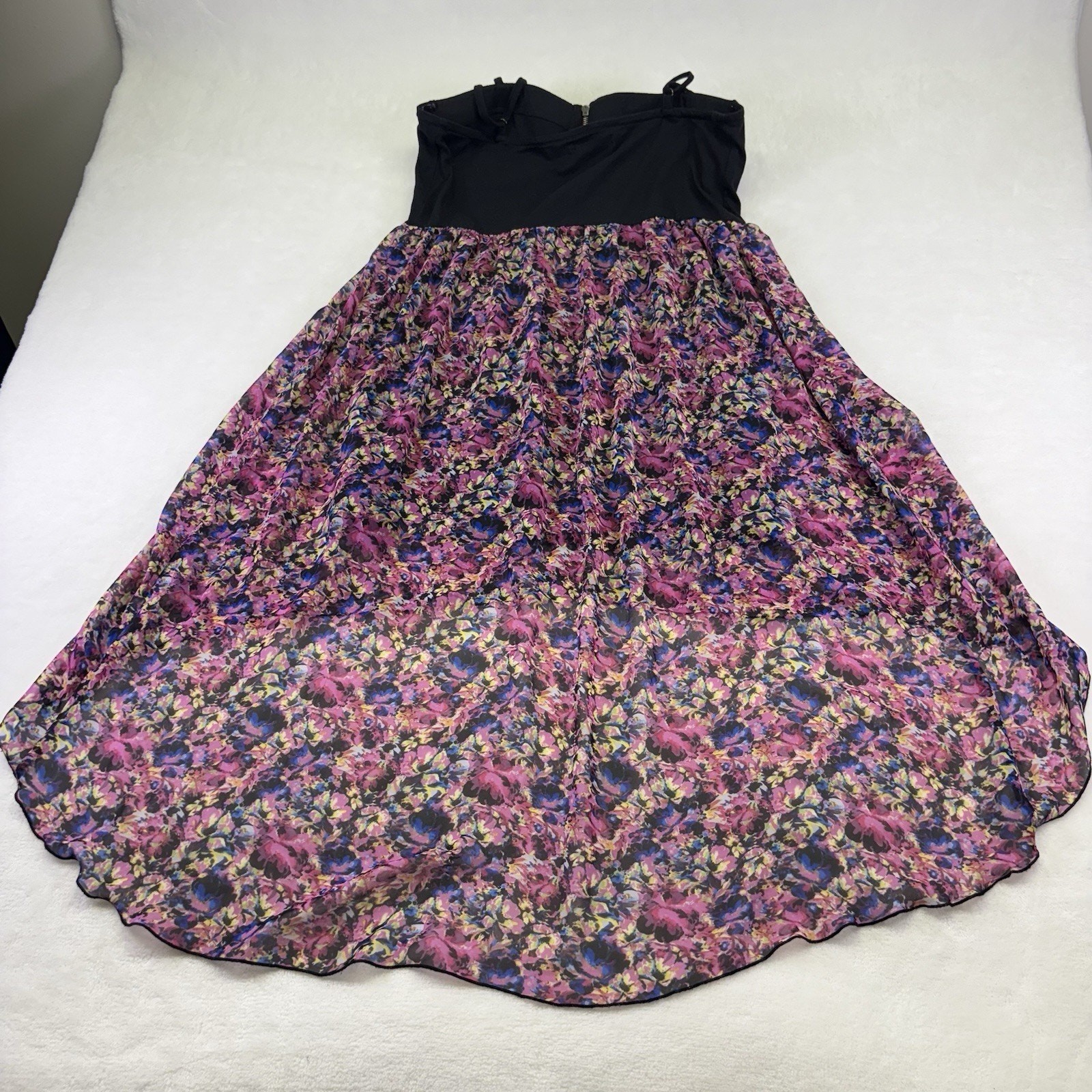 Material Girl High Low Dress Zip Corset Semi Sheer Black Floral Mini Dress XL