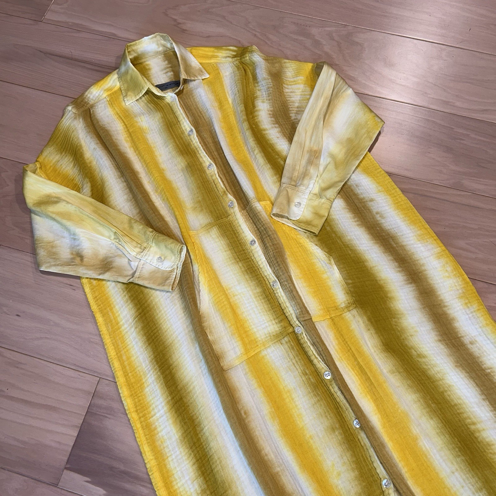 Raquel Allegra Caftan Shirt Dress Yellow Stripe Tye Die Women’s One Size