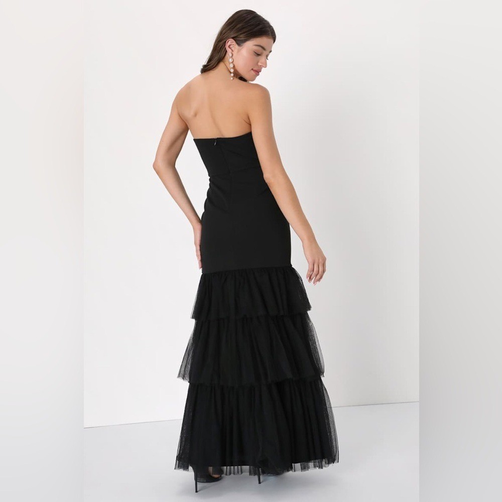 Women’s Lulus Dramatic Fanatic Black Strapless Tulle Trumpet Maxi Dress Size XS