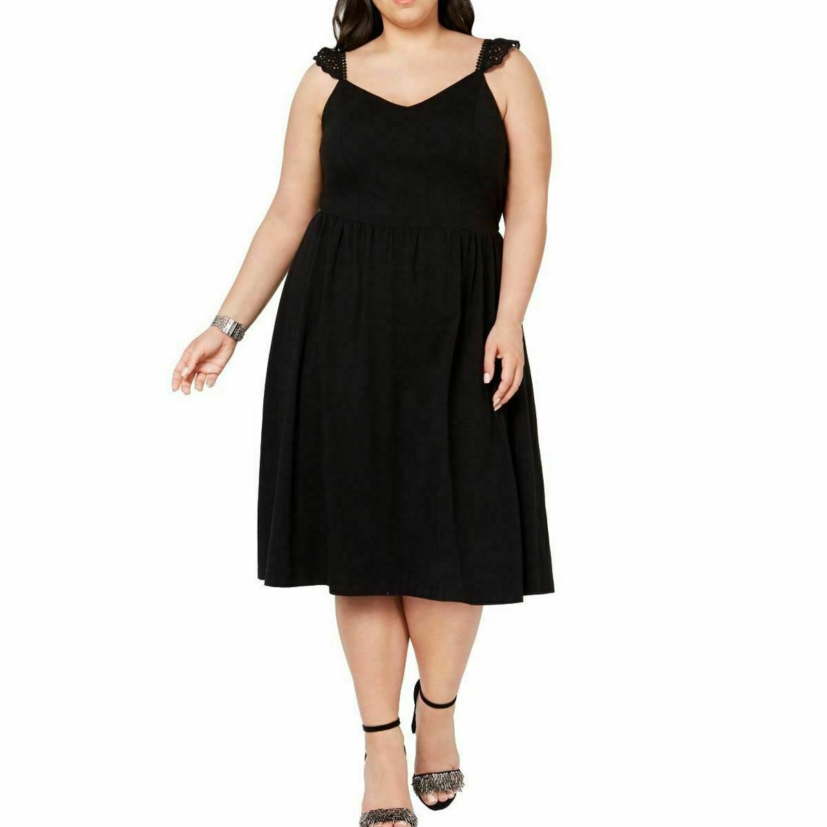 City Studio Womens Plus 1X Black Crochet Lace Strap Sleeveless Midi Dress NWT