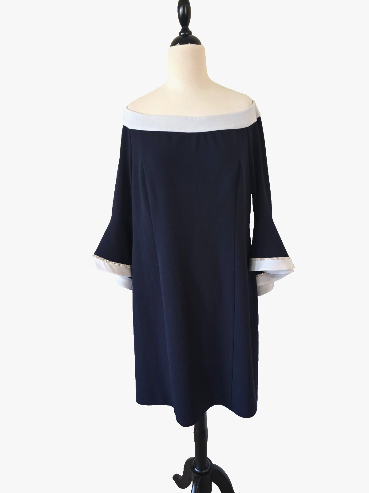 Prelude Navy Blue Off Shoulder Dress XL Bell Sleeve Pearl Trim Cocktail Dress