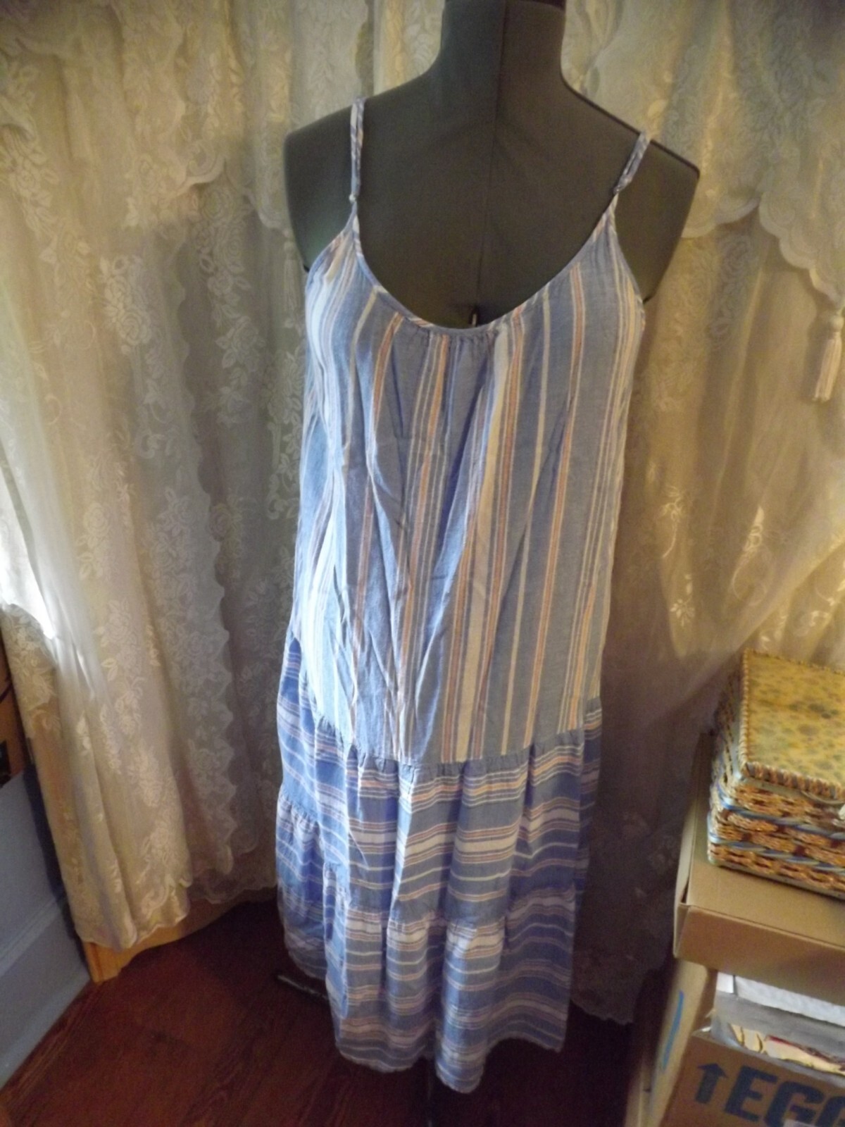NAUTICA linen blend SUNDRESS blue stripes XL midi