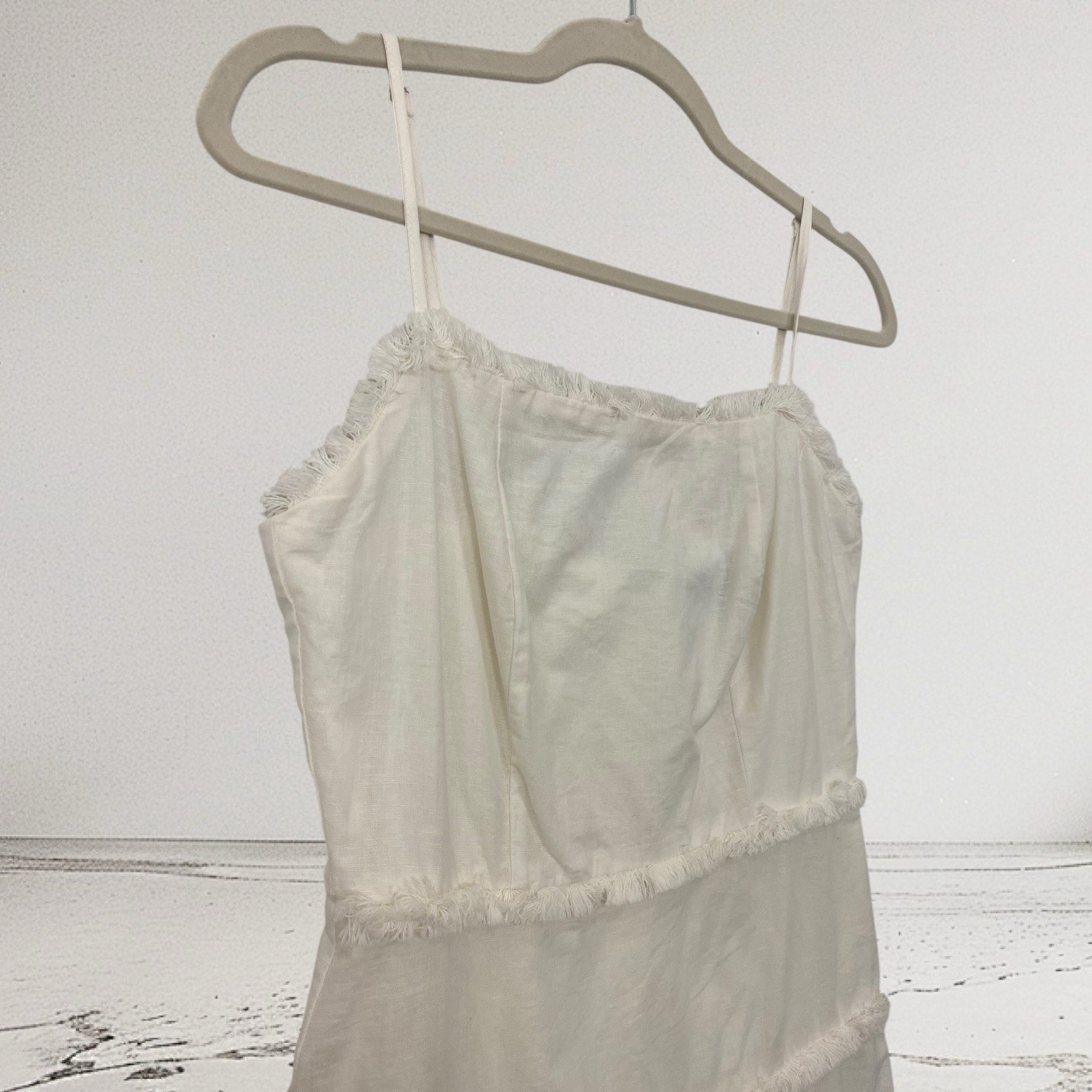Womens Linen Blend Fringe Trim Mini Dress Size Small Boho Summer Resort Chic